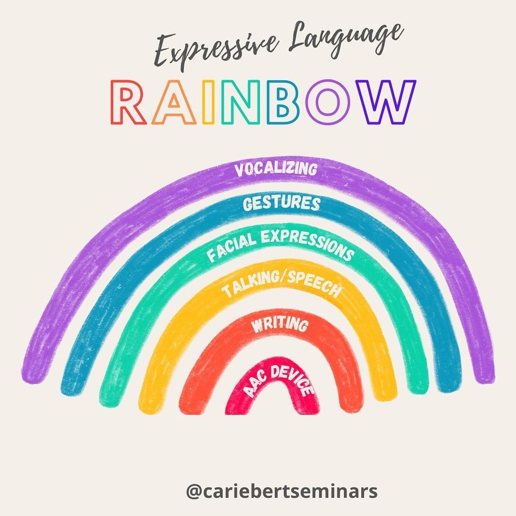 expressive language rainbow, vocalizing, gestures, facial expressions, talking, writing, aac device